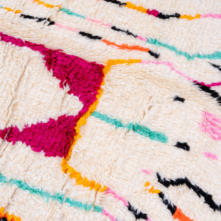 Détail tapis à poils longs naturels sable, rose, jaune et turquoise